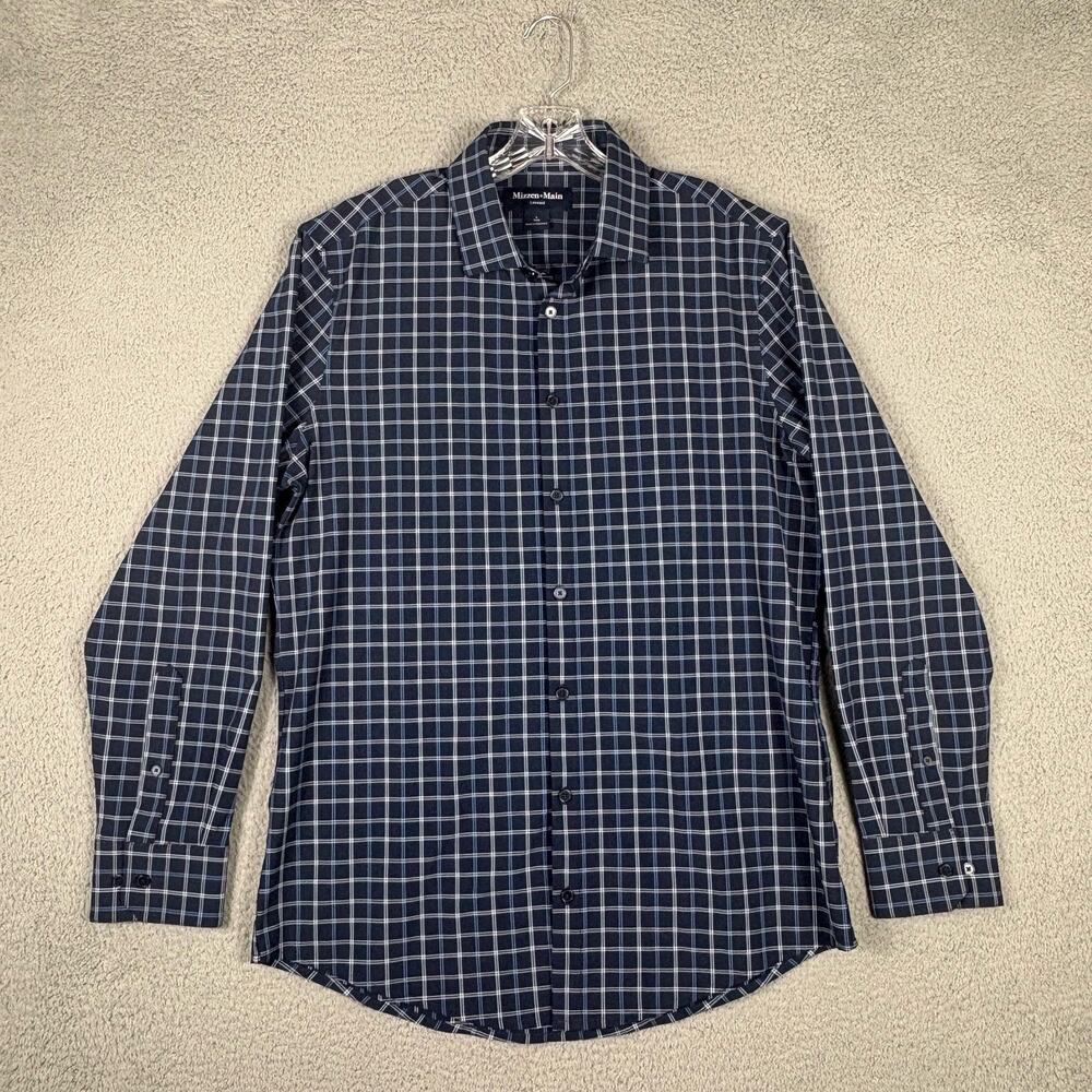 Mizzen Main Leeward Shirt Men's Large Navy Blue Check Trim Fit Business Casual